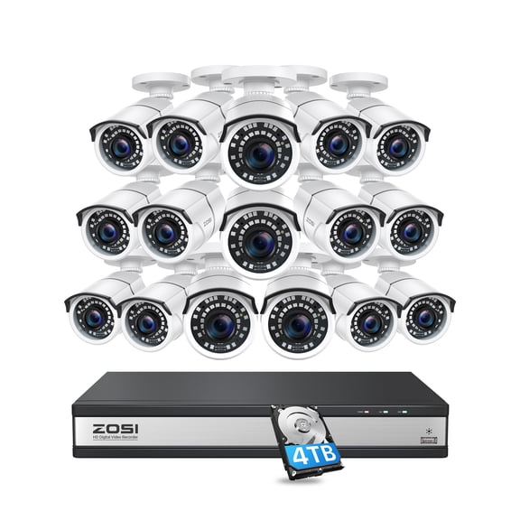 ZOSI 16CH 1080P Security DVR System, 16 x Indoor/Outdoor Cameras, 4TB HDD, AI Person/Vehicle Detection, H.265+, 80ft Night Vision, 90 Wide Angle, 24/7 Recording for Home/Business