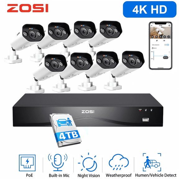 ZOSI 16CH 4K Home Security Camera System, 8pcs Wired 8MP Outdoor PoE IP Cameras with AI Person Vehicle Detection, 4K 16CH NVR with 4TB HDD for 24-7 Recording