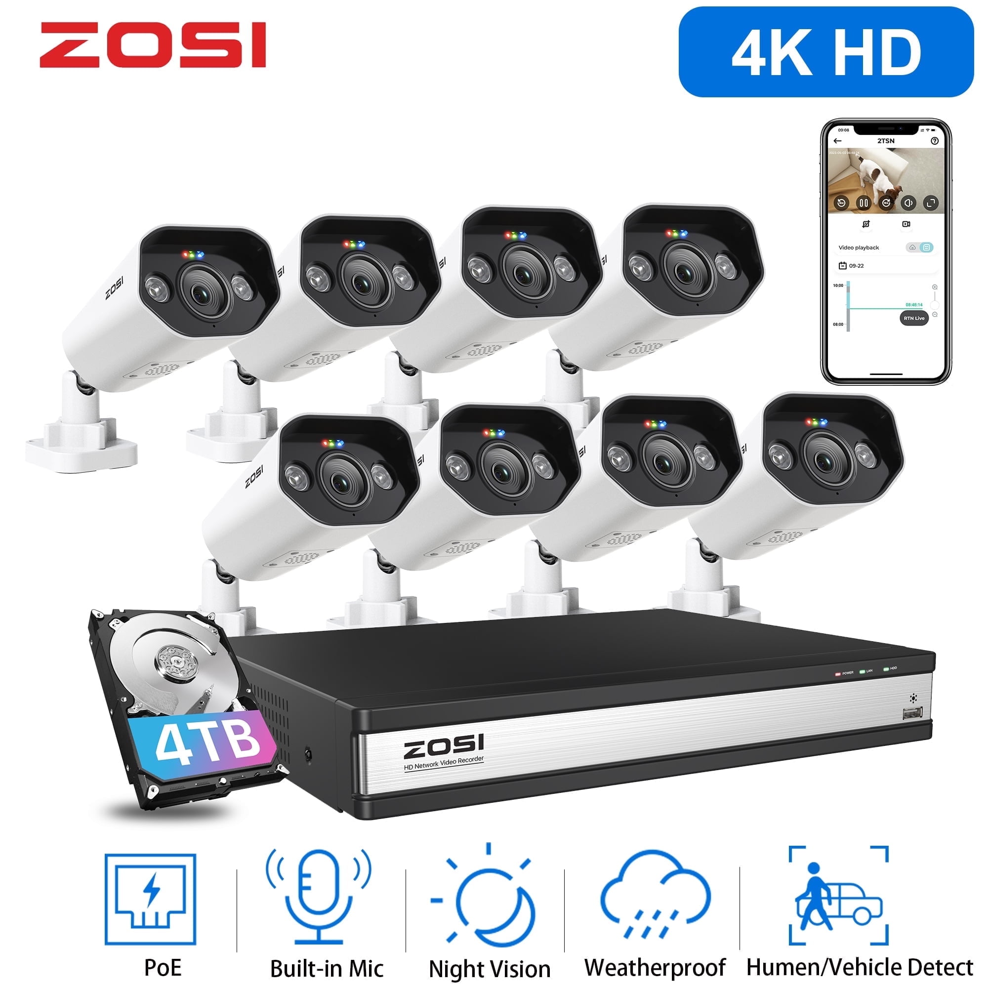 ZOSI 4K PoE Security Camera System – 16CH NVR With 4TB HDD, 10x 4MP Outdoor Cameras, Human Detection, 100ft Night Vision