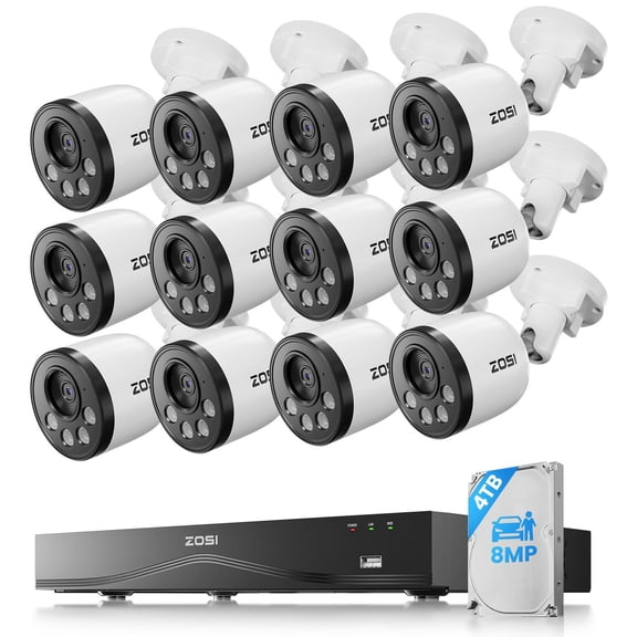 ZOSI 16CH 4K PoE Security Camera System with 4TB HDD, 12pcs 8MP Outdoor Indoor Cameras with Audio Recording, Person Vehicle Detection, People Counting, Night Vision