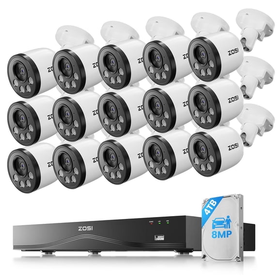 ZOSI 16CH 4K PoE Security Camera System with 4TB HDD, 16pcs 8MP Outdoor Indoor Cameras with Audio Recording, Person Vehicle Detection, People Counting, Night Vision