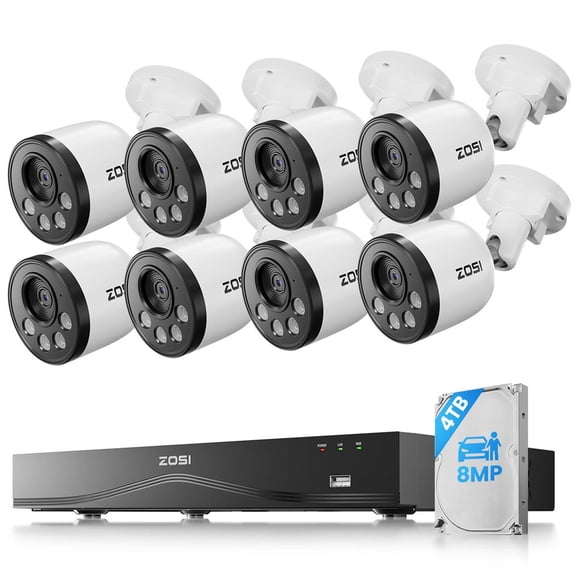 ZOSI 16CH 4K PoE Security Camera System with 4TB HDD, 8pcs 8MP Outdoor Indoor Cameras with Audio Recording, Person Vehicle Detection, People Counting, Night Vision