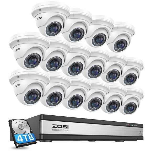 ZOSI 16CH 4K PoE Security Camera System with 4TB Hard Drive,16pcs 3K 5MP Outdoor Indoor PoE IP Dome Cameras,80ft Night Vision,Motion Alert,Free Remote Access