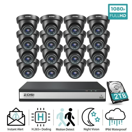 ZOSI 16CH CCTV Security Camera System 1080P DVR with 2TB Hard Drive, Wired Outdoor Home Surveillance Cameras with 80ft Night Vision Remote Access