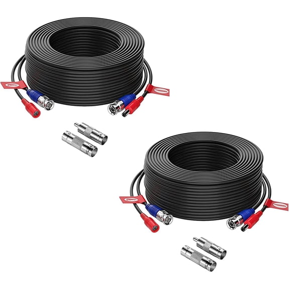 ZOSI 2-Pack 100ft All-in-One BNC Video Power Extension Cables for CCTV Security DVR Systems, Includes 2X BNC Connectors & RCA Adapters for Easy Surveillance Camera Setup