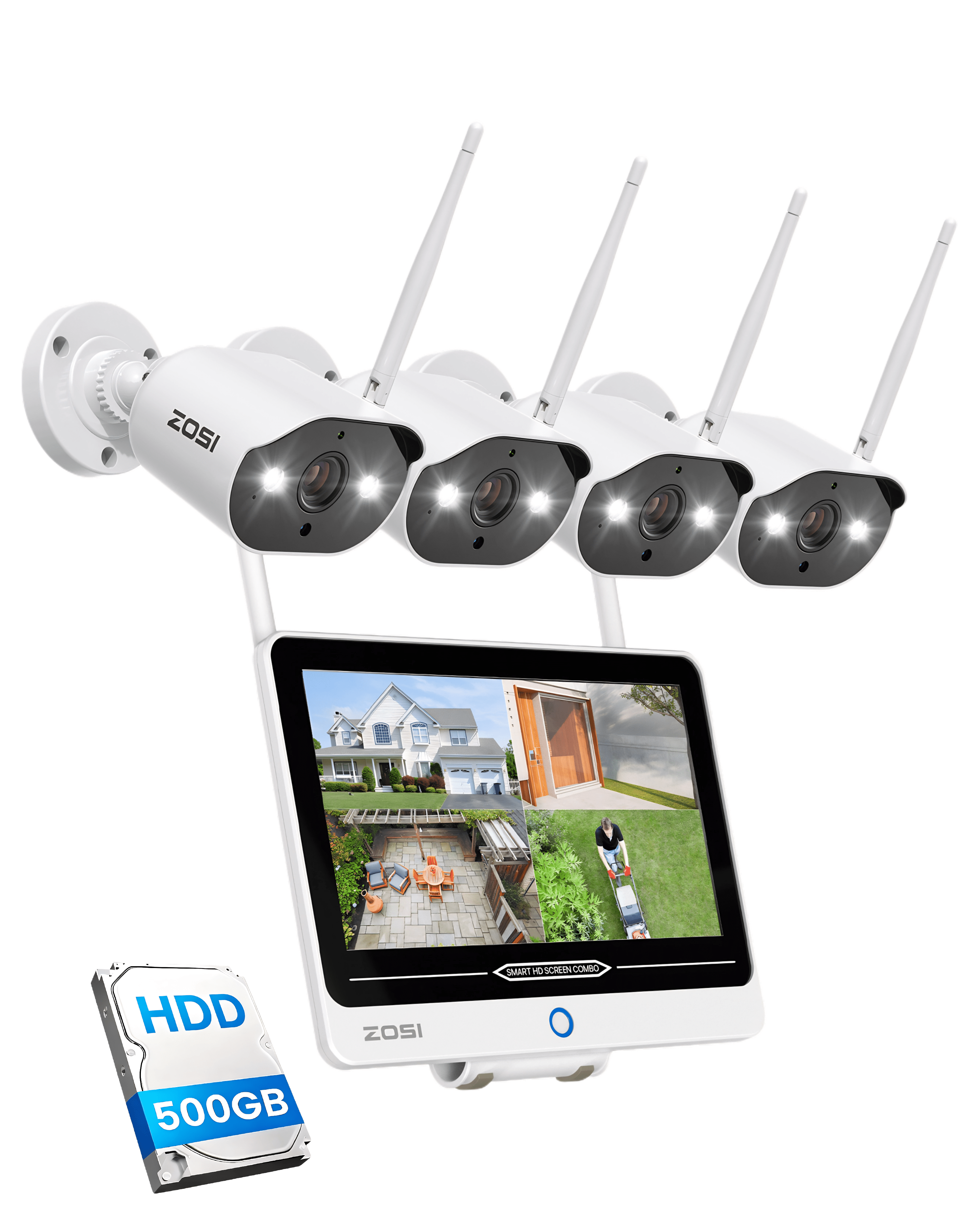 ZOSI 2K Wi-Fi 6 8CH Security System with 12" LCD Monitor, 4 x 3MP Plug-in WiFi Cameras Indoor/Outdoor, AI Person Detection, Color Night Vision, 2-Way Audio, 500GB HDD for 24/7 Home Recording
