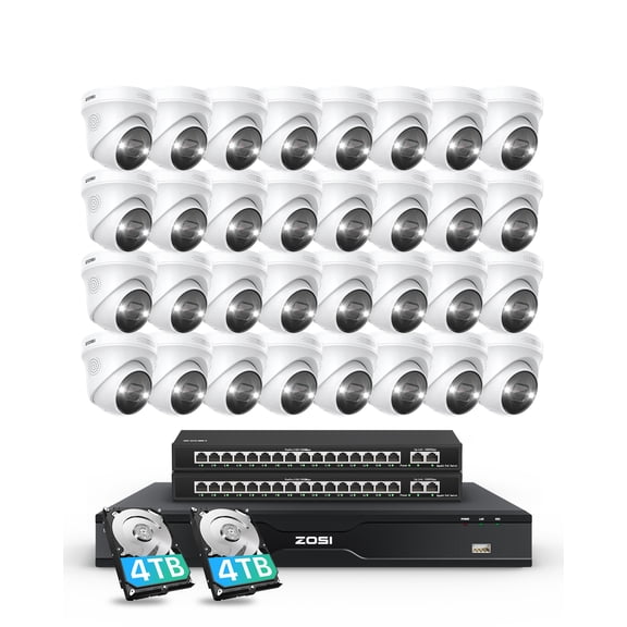 ZOSI 32 Channel 4K PoE Security Camera System, 32-Pack 8MP Spotlight Cameras with Face Person Vehicle Detection, 2-Way Audio, 8TB NVR with HDD for 24/7 Recording