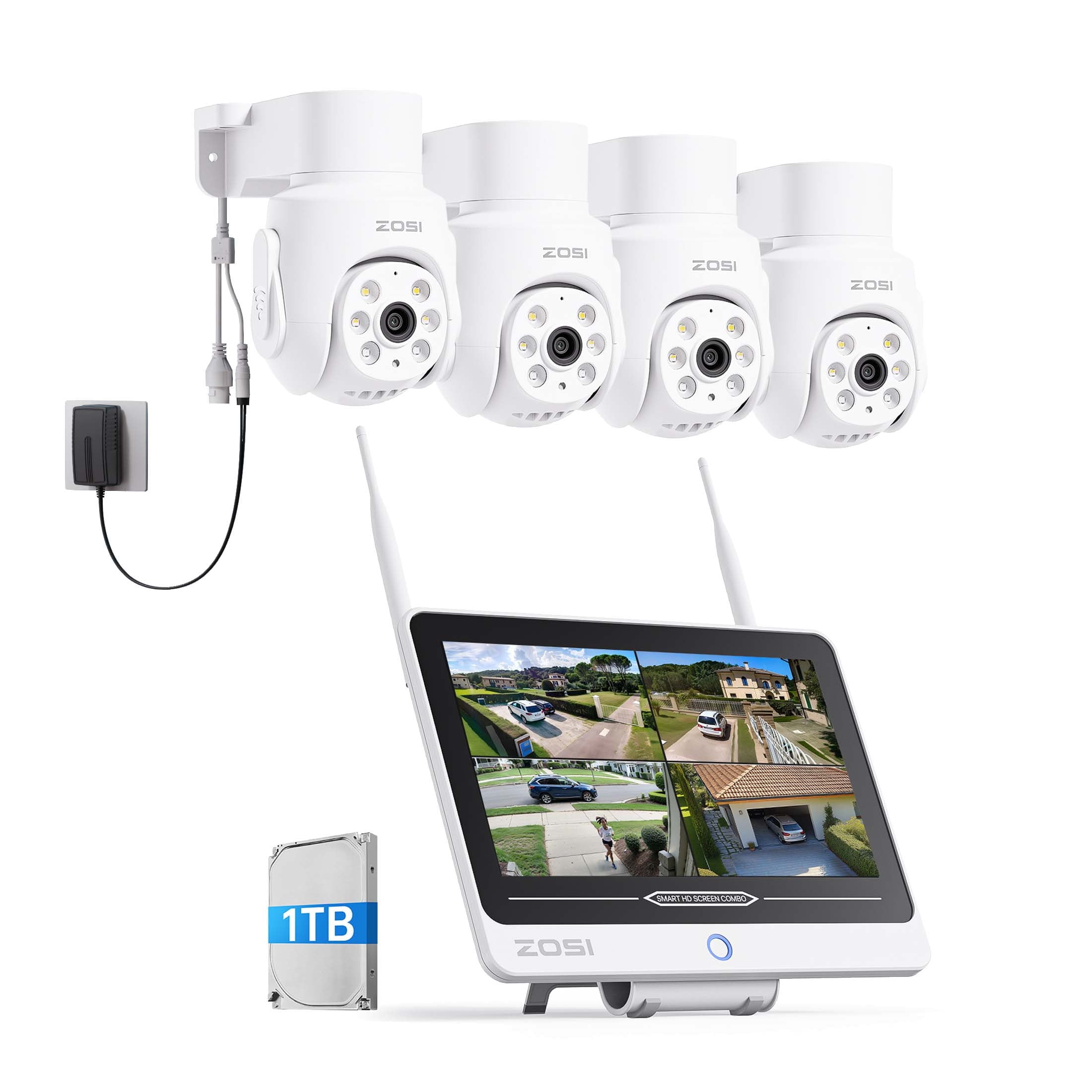 5MP 355 WiFi Security Camera System with 12" LCD Monitor, ZOSI 8CH All in one WiFi Security System with 1TB HDD, 3MP Outdoor WiFi Camera with 2 way Audio, AI Human Detection, 100ft Night Vision