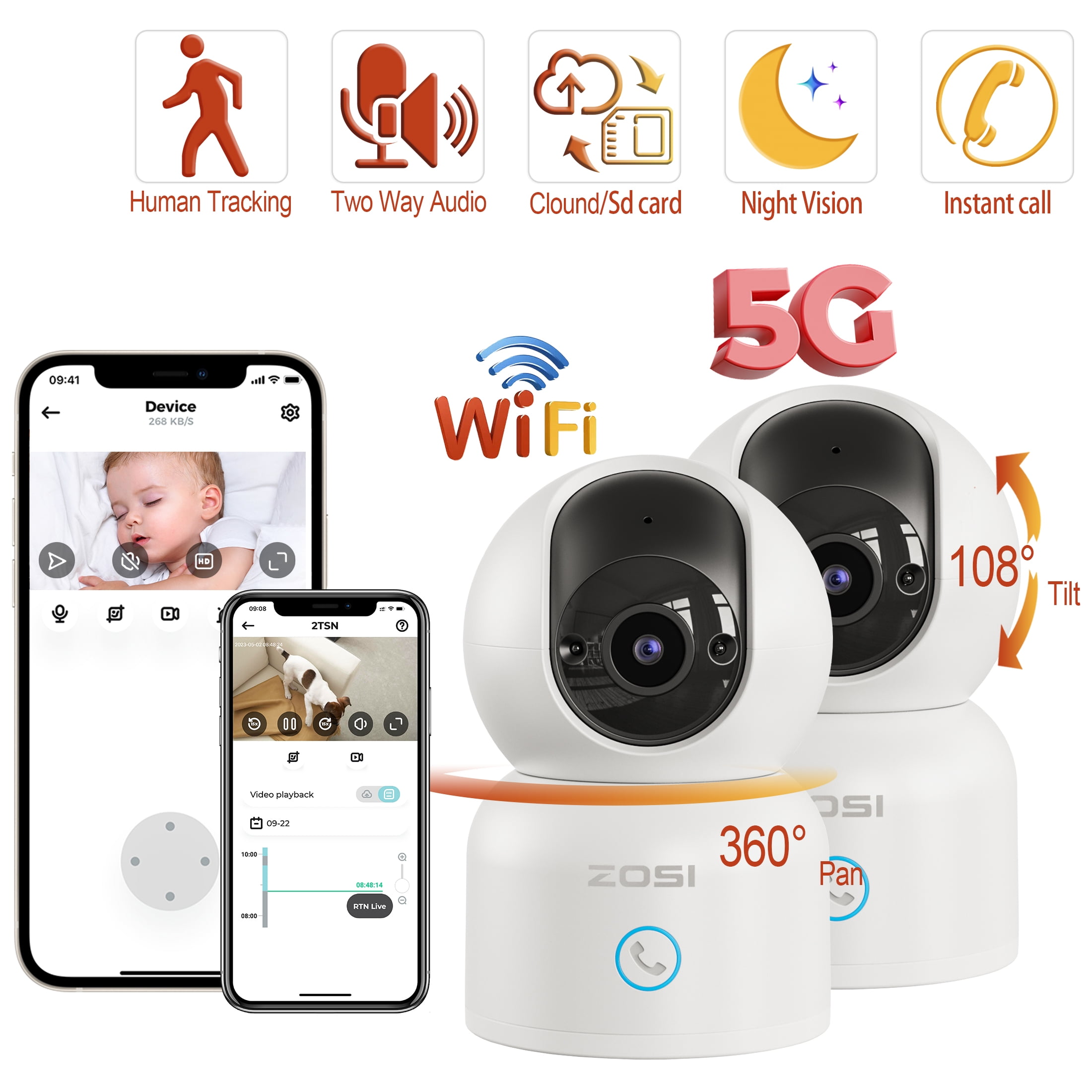 ZOSI 360°View PTZ Wireless Security Camera with Audio, 2Pack 5Ghz 2K