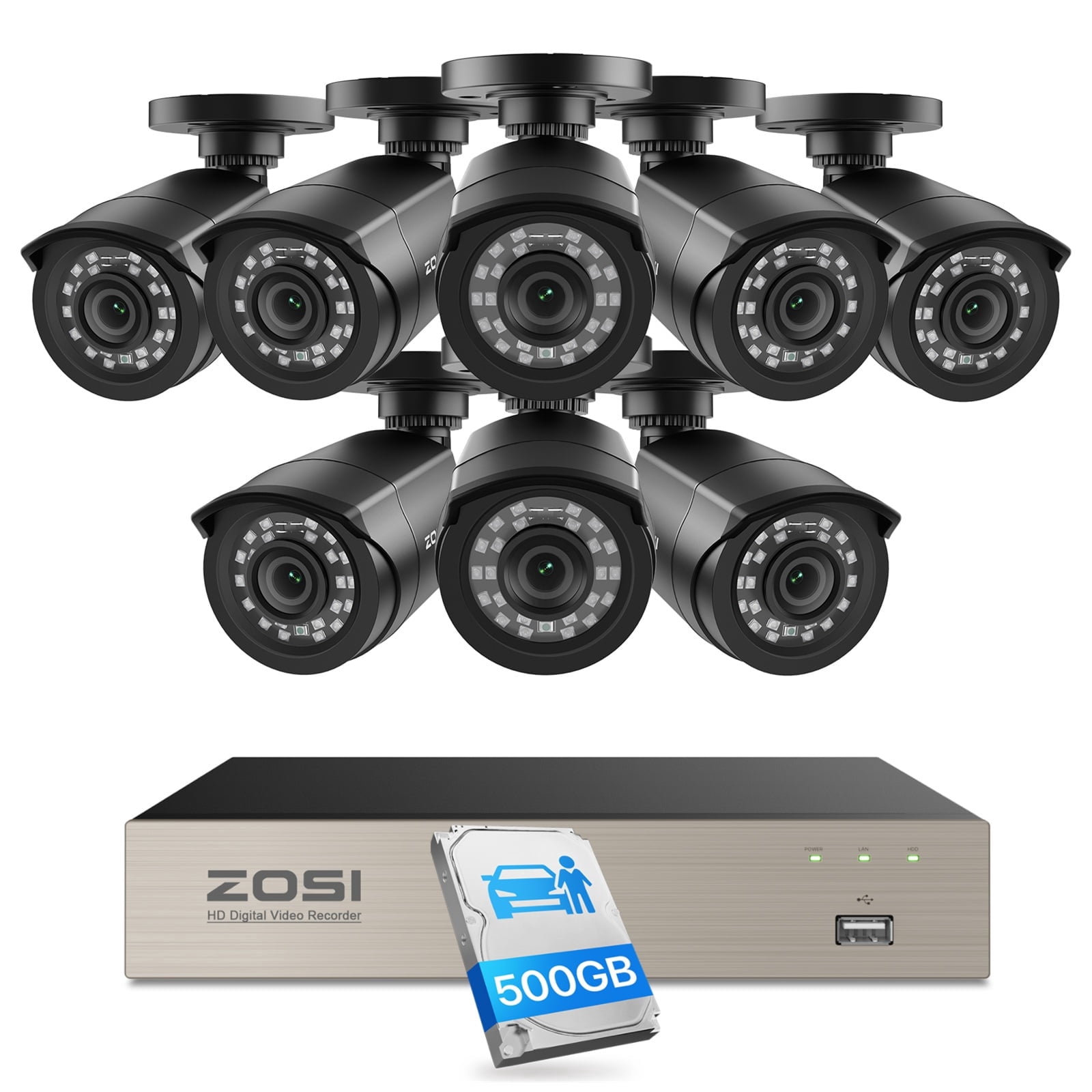ZOSI 3K Lite 8CH Security Camera System Outdoor with 500GB Hard Drive,8pcs 1080P HD 1920TVL Weatherproof CCTV Cameras with AI Human/Vehicle Detection,Full HD Day/Night Vision