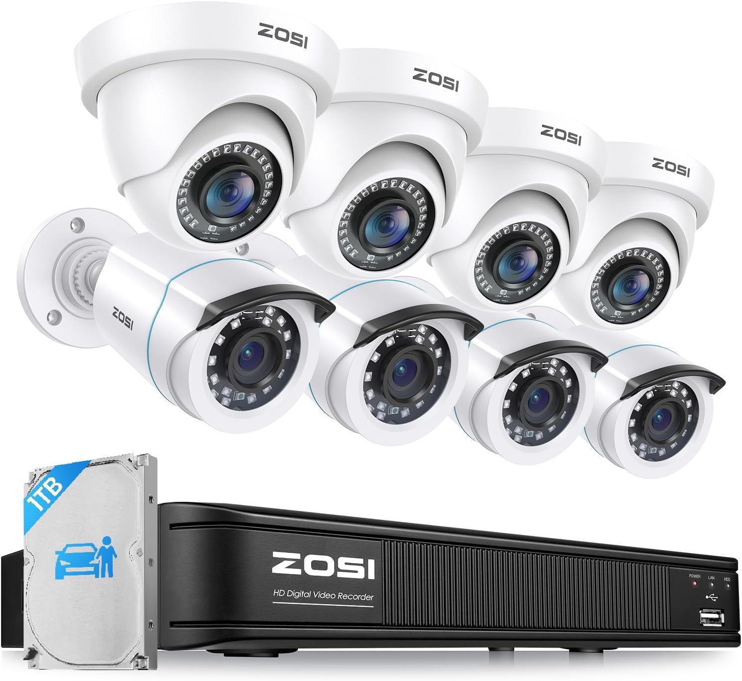 ZOSI 3K Lite Home Security Camera System with AI Human Vehicle Detection, H.265+ 8CH CCTV DVR and 8 x 1080p Wired Outdoor Indoor Bullet Dome Cameras, Remote Access, Alert Push (1TB Hard Drive)