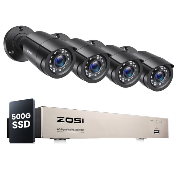 ZOSI 3K Lite Security Camera System Indoor Outdoor,AI Human/Vehicle Detection,Night Vision,Remote Access,4pcs 1080P 1920TVL Weatherproof Surveillance Cameras,H.265+ 8CH CCTV DVR(500GB SSD)