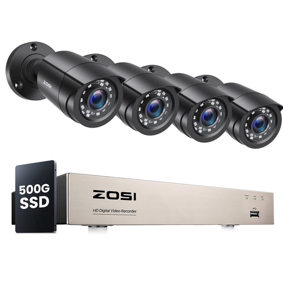 ZOSI 3K Lite Security Camera System Indoor Outdoor,AI Human/Vehicle Detection,Night Vision,Remote Access,4pcs 1080P 1920TVL Weatherproof Surveillance Cameras,H.265 8CH CCTV DVR(500GB SSD)