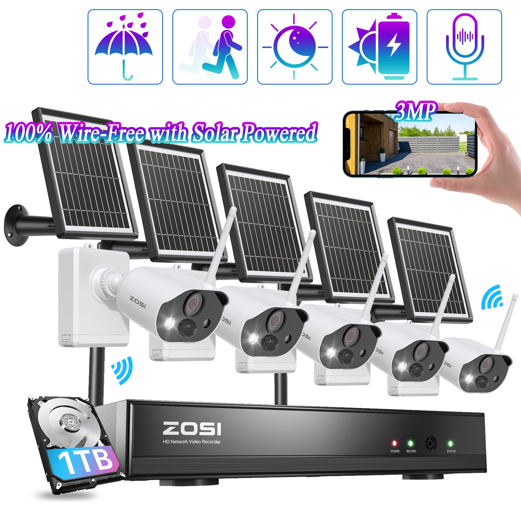 ZOSI 3MP Battery Powered Wireless Security Camera System, 8CH Home Security  with Solar Panel，5pcs 100% Wire-Free Outdoor WiFi Surveillance Camera  Built-in Mic, Color Night Vision, 1TB HDD