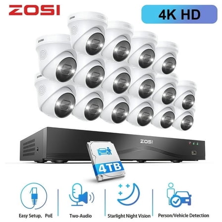 ZOSI 4K 16CH Spotlight PoE Security Camera System 4K Full Color Night Vision, 4K NVR with 4TB HDD, AI Human Vehicle Detection, 16pcs Outdoor 8MP PoE IP Audio Surveillance Cameras