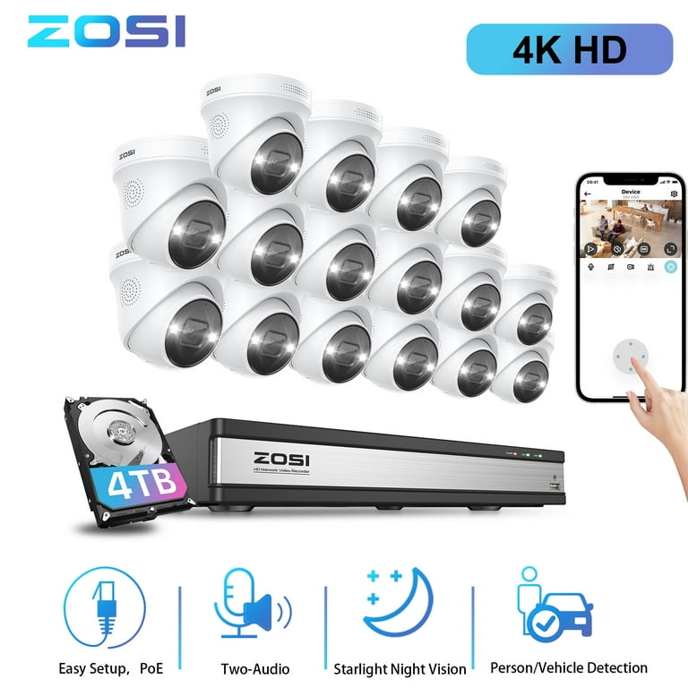 ZOSI 4K 16CH Spotlight PoE Security Camera System 4K Full Color Night Vision 4K NVR with 4TB HDD AI Human Vehicle Detection 16pcs Outdoor 8MP PoE