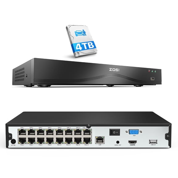 ZOSI 4K 24CH Network Video Recorder, 24 Channel 16-Port 8MP Dual-Disk Backup POE NVR Surveillance System, Pre-Installed 4TB HDD, 24/7 Recording, Only Work with 4K/5MP/4MP/3MP HD ZOSI PoE Camera