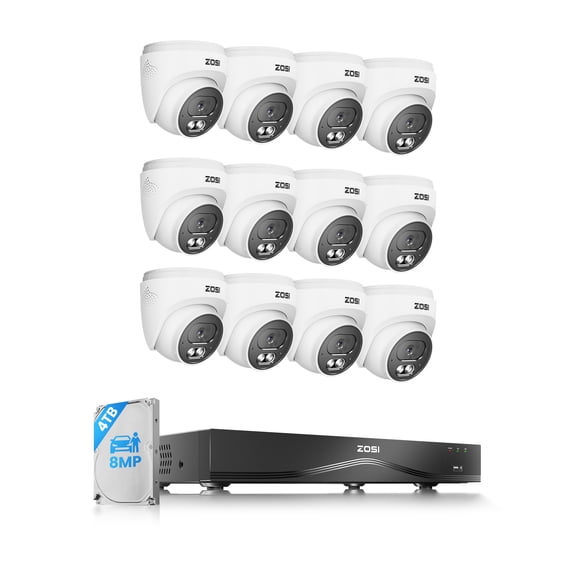 ZOSI 4K 8MP 16CH POE NVR Security Camera System (32CH Expandable) with 4TB HDD, 12pcs 8MP PoE IP Dome Cameras Outdoor Indoor with Audio Recording, AI Human/Vehicle/Face Detection
