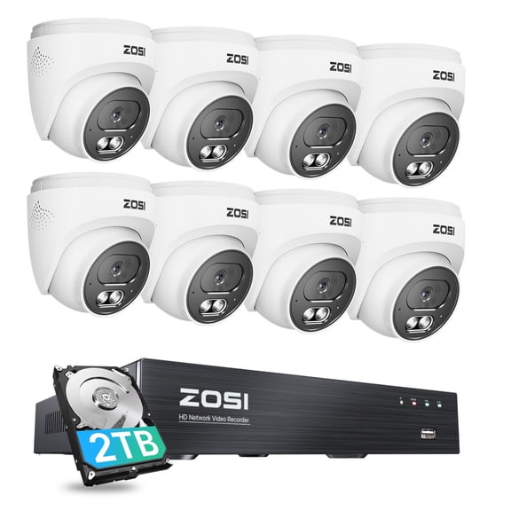 ZOSI 4K 8MP 8CH POE NVR Security Camera System (16CH Expandable) with 2TB HDD, 8pcs 8MP PoE IP Dome Cameras Outdoor Indoor with Audio Recording, AI Human/Vehicle/Face Detection, 100ft IR Night Vision