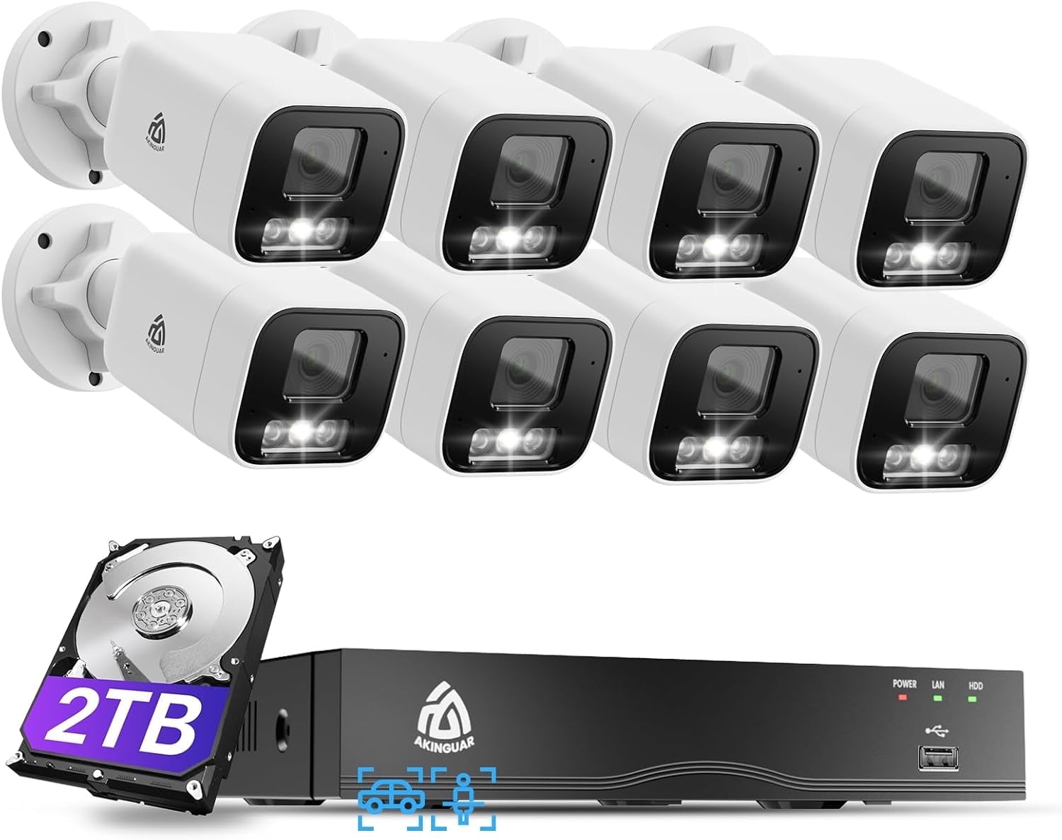 AKINGUAR 4K PoE Security Camera System, 8pcs 8MP Wired PoE IP Cameras Outdoor, Smart Person/Vehicle Detection, 8CH NVR with 2TB HDD for 24/7 Recording, Color Night Vision, 2-Way Talk, Spotlight Alarm
