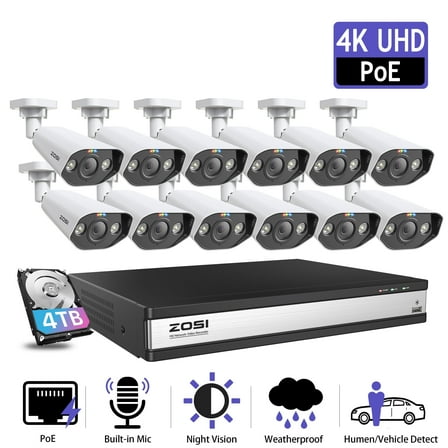 ZOSI 4K PoE Security Camera System Outdoor with 4TB Hard drive, 12pcs Spotlight PoE Security Cameras with Two Way Audio, Color Night Vision,AI Human Detection