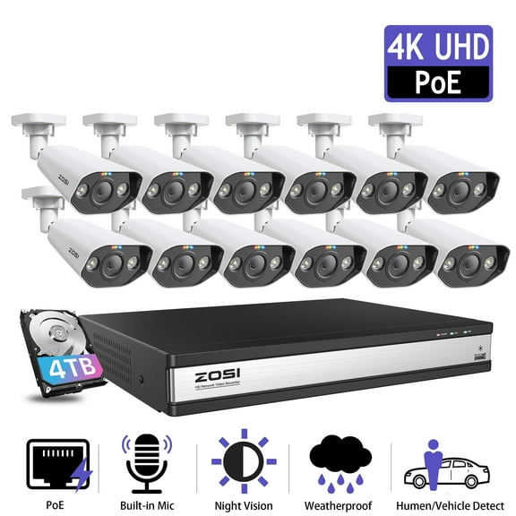ZOSI 4K PoE Security Camera System Outdoor with 4TB Hard drive, 12pcs Spotlight PoE Security Cameras with Two Way Audio, Color Night Vision,AI Human Detection