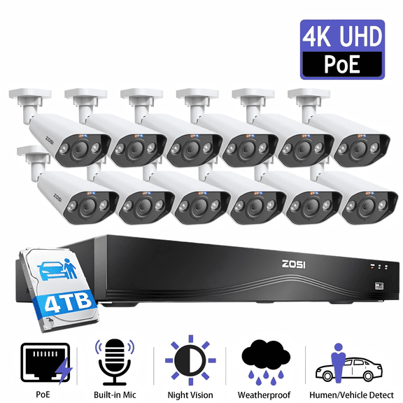 ZOSI 4K PoE Security Camera System Outdoor with 4TB Hard drive, 12pcs Spotlight PoE Security Cameras with Two Way Audio, Color Night Vision, AI Human Detection