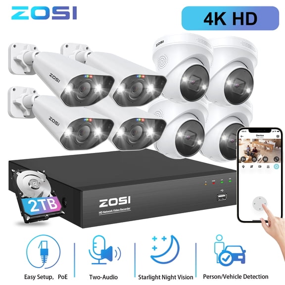 ZOSI 4K Poe Security Camera System, 8pcs 8MP Spotlight Outdoor PoE IP Surveillance Cameras with Two Way Audio, IP66 Waterproof, 4K POE NVR with 2TB Hard Drive, 24/7 Recording