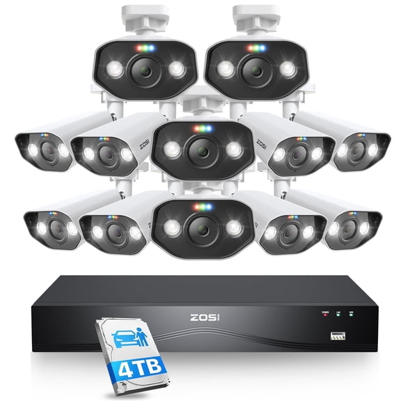 ZOSI 4K Spotlight POE Security Camera System, 16CH 4K POE NVR with 4TB HDD, 16pcs Outdoor PoE IP Surveillance Camera, Two Way Audio, AI Human Detection