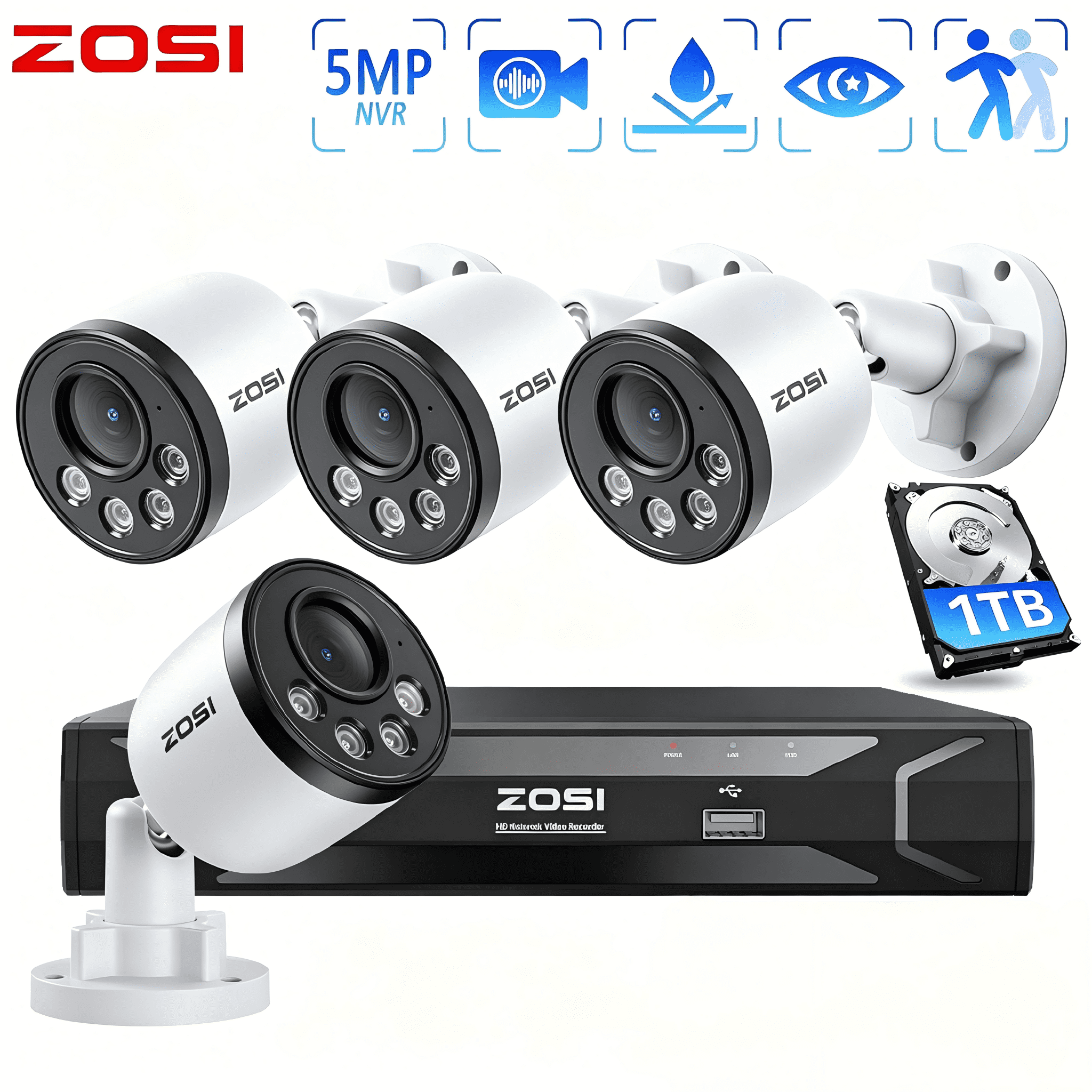 ZOSI 4MP 8 Channel PoE Security Camera System, AI Human Detection, 8CH 5MP NVR Built-in 1TB HDD, 4pcs Audio IP Bullet Outdoor Surveillance Camera with 100ft Night Vision