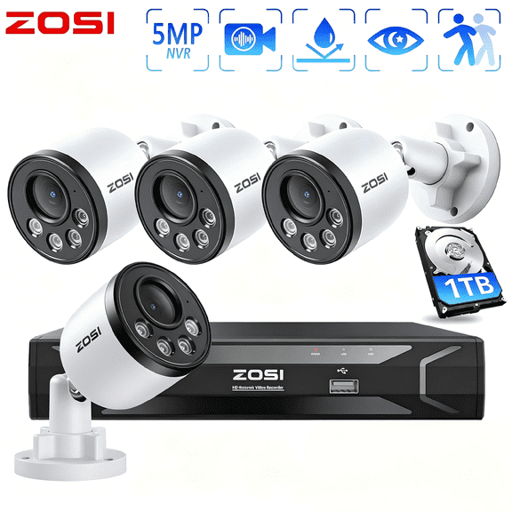 ZOSI 4MP 8 Channel PoE Security Camera System, AI Human Detection, 8CH 5MP NVR Built-in 1TB HDD, 4pcs Audio IP Bullet Outdoor Surveillance Camera with 100ft Night Vision