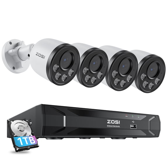 ZOSI 5MP 8CH Wired PoE Security Camera System with Audio, 4pcs Outdoor PoE Cameras, Night Vision, H.265+ 8 Channel 5MP 3K Home NVR with 1TB HDD for 24/7 Recording, No ISED is Provided