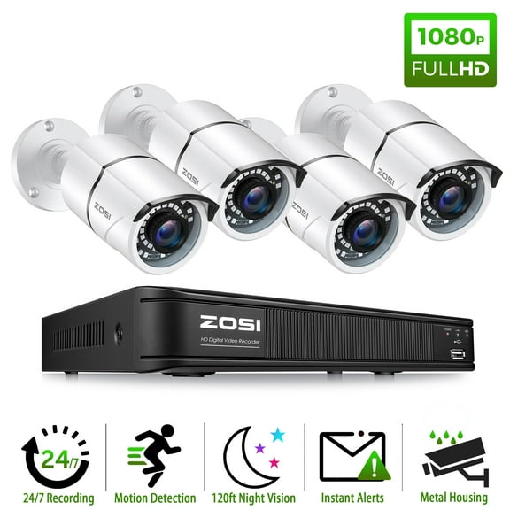 ZOSI H265+ Waterproof 1080p 8CH Security Camera System with 4x, Black