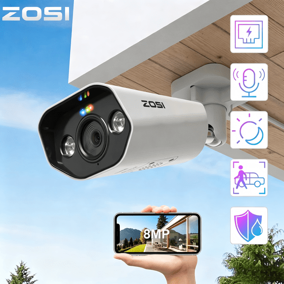 ZOSI 4K PoE Add-on Bullet Camera, 8MP Outdoor/Indoor Weatherproof, AI Person/Vehicle Detection, 2-Way Audio, Color Night Vision, Works Only with ZOSI Brand 4K PoE NVR