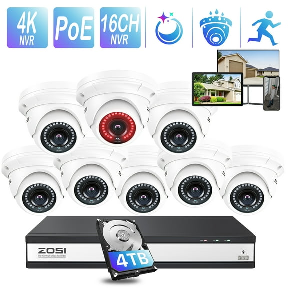 ZOSI 5MP PoE Security Camera System 4TB HDD, 4K 16 Channel NVR for 24/7 Recording, 8pcs Outdoor IP Cameras with Night Vision, Motion Detection
