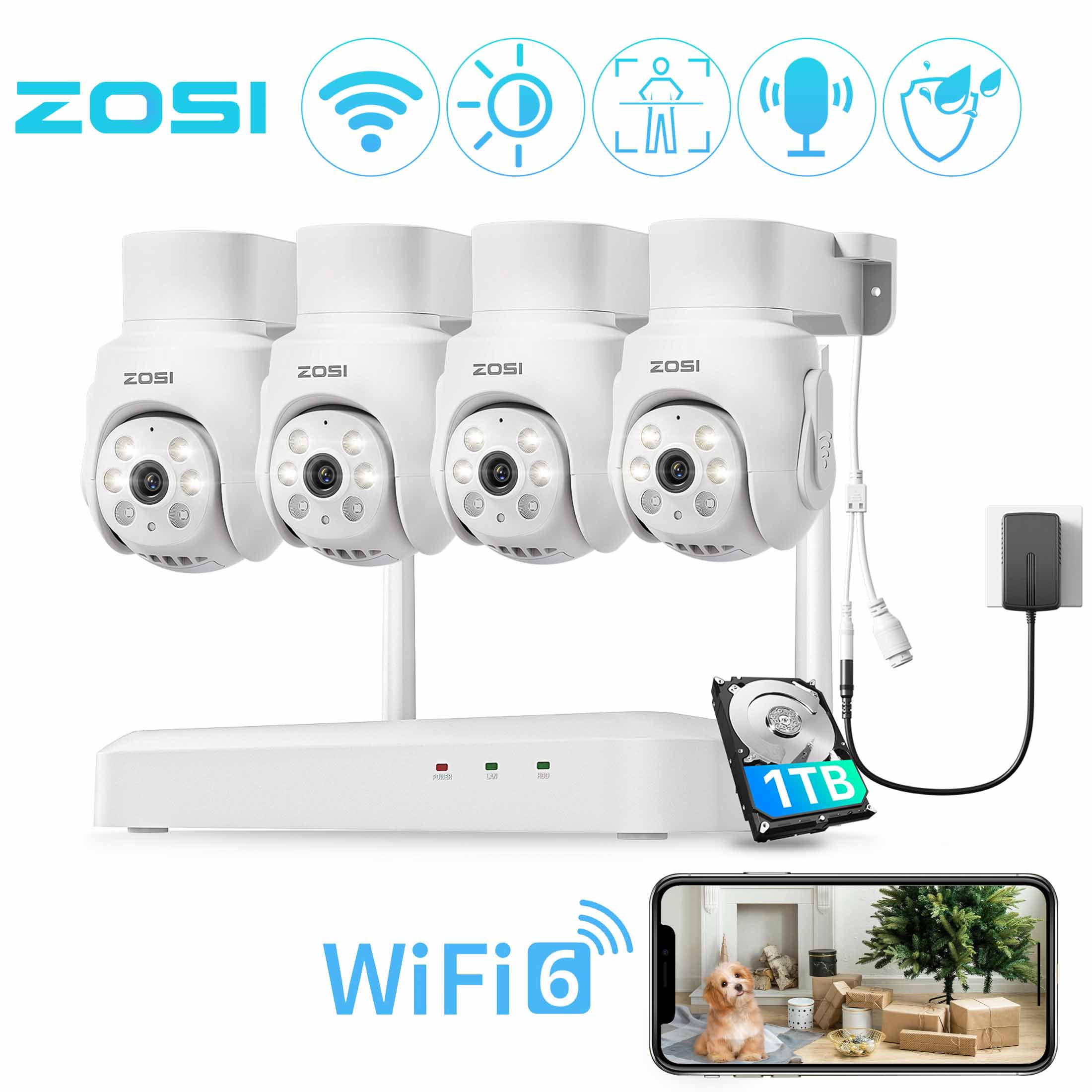 ZOSI 5MP Security Camera System, WiFi 6 8CH NVR with 1TB HDD for 24/7 Record, Wilress Pan Tilt Security camera with Color Night Vision, Auto Tracking, AI Human Detect, 2-Way Audio, Home Security