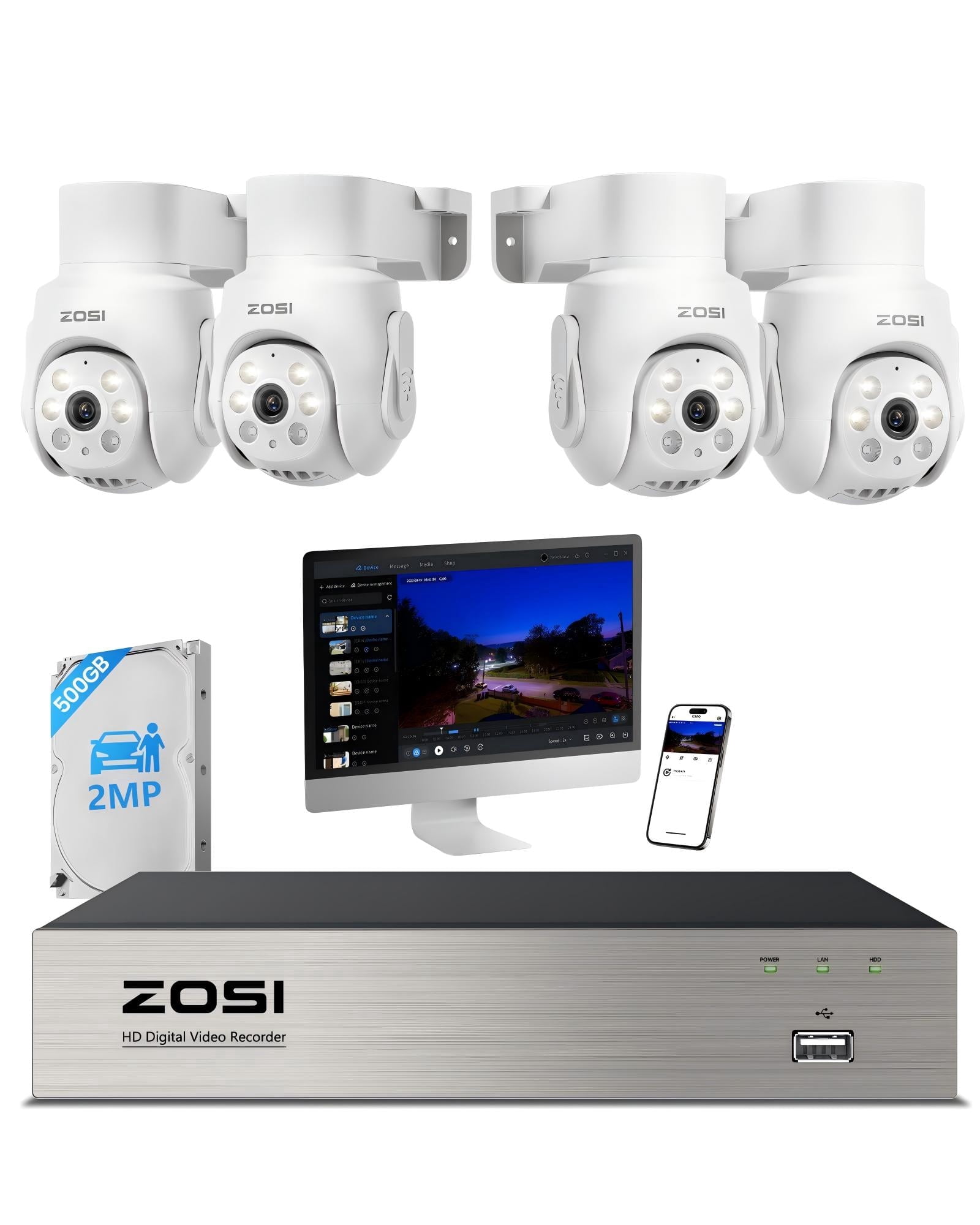 ZOSI Wired 5MP Home Security Camera System with 8CH DVR & 500GB HDD, 4-Pack 1080p Pan/Tilt Indoor/Outdoor Cameras with 360 View, AI Human & Vehicle Detection, Night Vision, Audio Recording,