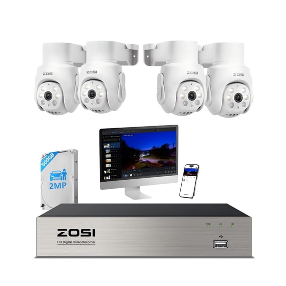 ZOSI Wired 5MP Home Security Camera System with 8CH DVR & 500GB HDD, 4-Pack 1080p Pan/Tilt Indoor/Outdoor Cameras with 360 View, AI Human & Vehicle Detection, Night Vision, Audio Recording,