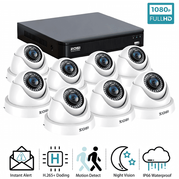 ZOSI 8CH 1080P H.265+ Security Camera System, 8 x Weatherproof Dome Cameras Outdoor, AI Human/Vehicle Detection, 80ft Night Vision, Remote Access, No Hard Drive Included