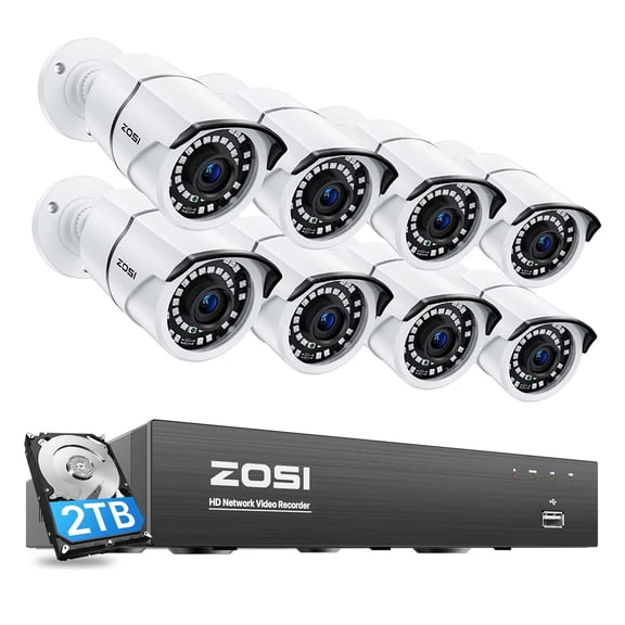 ZOSI 8CH 4K PoE Home Security Camera System with 2TB HDD and 8pcs 5MP Outdoor PoE IP Cameras, 120ft Night Vision, Smart Person Vehicle Detection, Free Remote Access