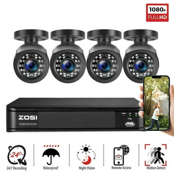 ZOSI 8CH 5MP Lite DVR 4PCS 1080P HD H.265+ Security Camera System Indoor/Outdoor IP66 Weatherproof Bullet Cameras IR-Cut Clear Night Vision No Hard Drive