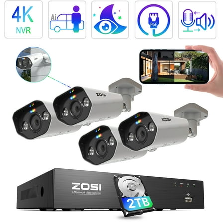 ZOSI 8CH 5MP Outdoor PoE Security Camera System, 4pcs 5MP Audio PoE IP Surveillance Camera with Spotlight, 4K 8CH NVR Built-in 2TB HDD, Smart Person/Vehicle Detection