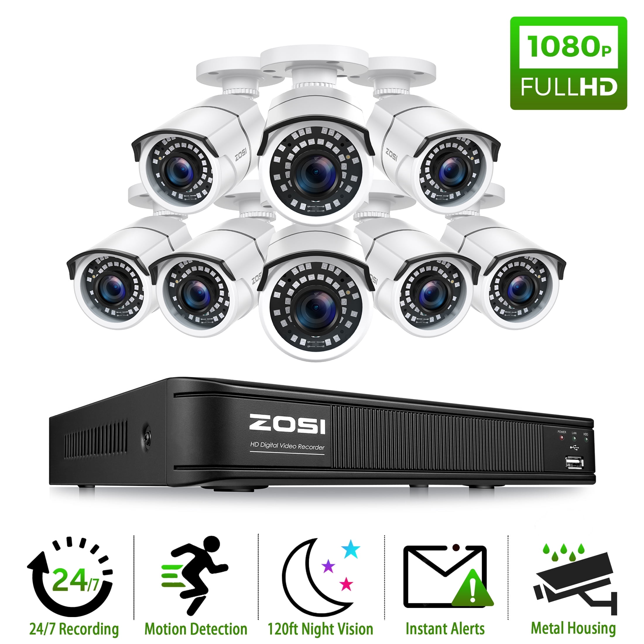 ZOSI 8CH Full 1080p HD Hybrid Security DVR Recorder with 8 2MP Weatherproof 100ft Night Vision Video Surveillance Camera System