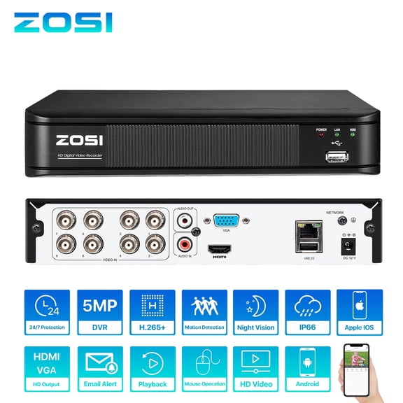 ZOSI 8CH H.265+ 1080P 5MP Lite DVR Recorder with Power Supply and USB Mouse, Black, No Hard Drive