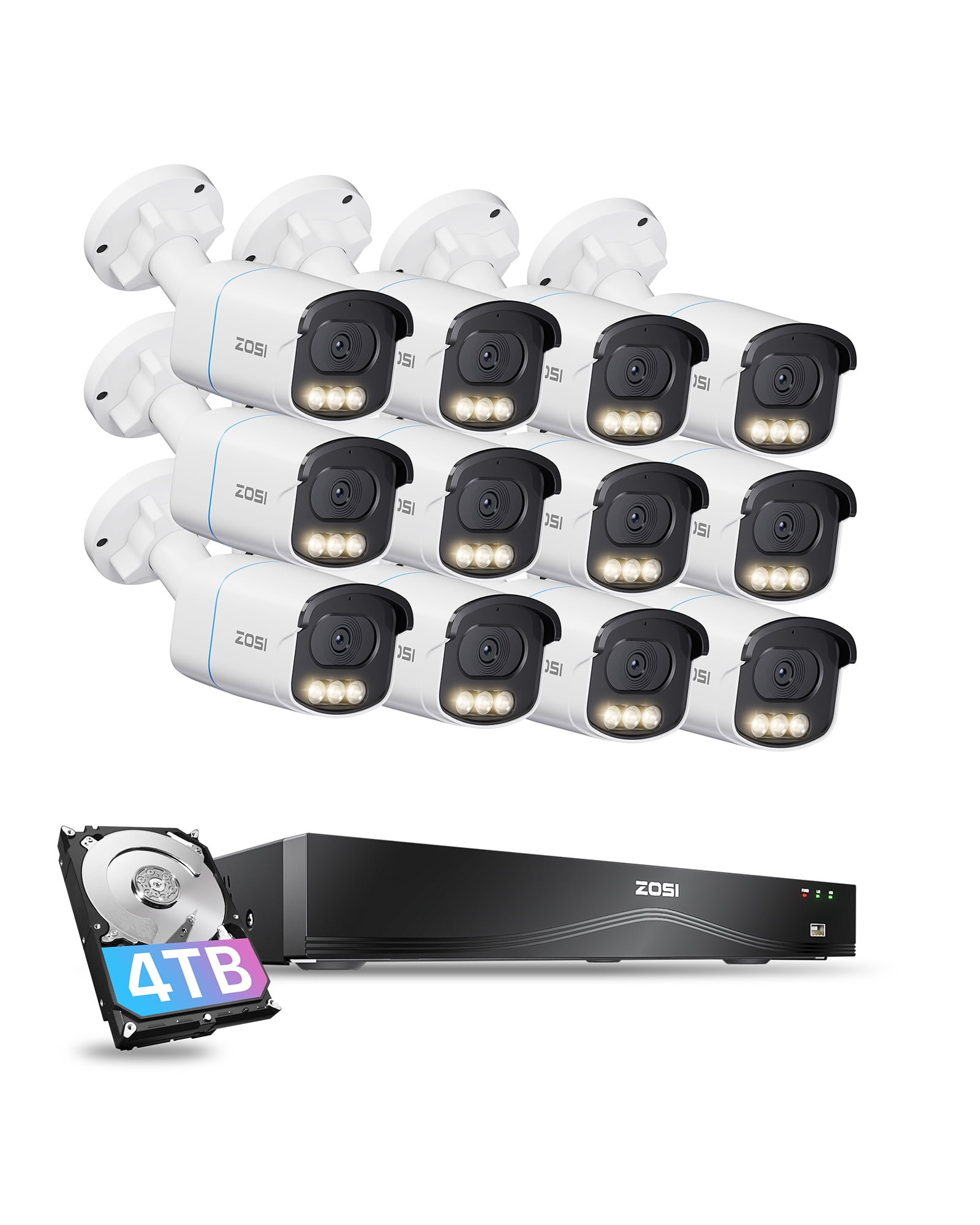 ZOSI 8MP 16CH PoE Security Camera System with 4TB HDD, 12pcs 4K C186 Aurora Lux True Full Color Night Vision Outdoor PoE Wired Camera, Person/Vehicle Alerts, Light & Siren, Two-Way Audio Enabled