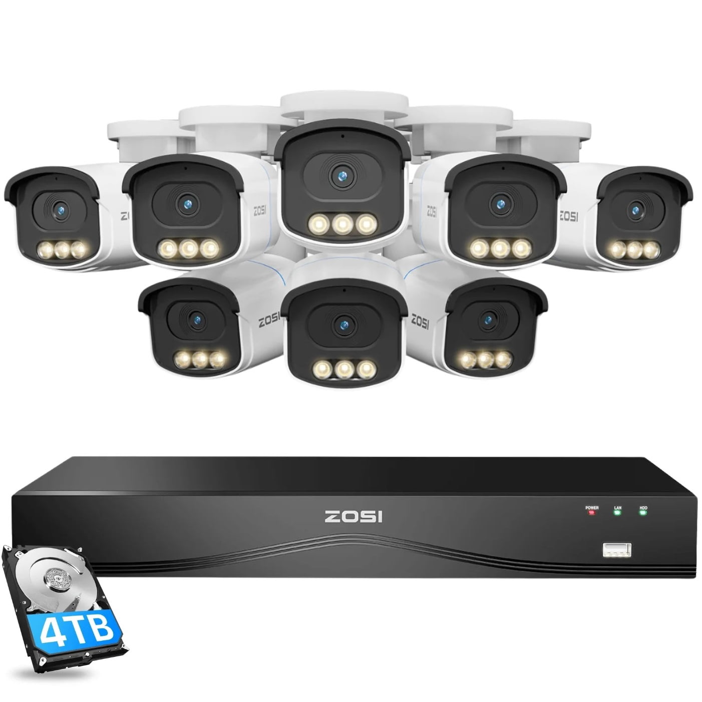 ZOSI 8MP 16CH PoE Security Camera System with 4TB HDD, 8pcs 4K C186 Aurora Lux True Full Color Night Vision Outdoor PoE Wired Camera, Person/Vehicle Alerts, Light & Siren, Two-Way Audio Enabled