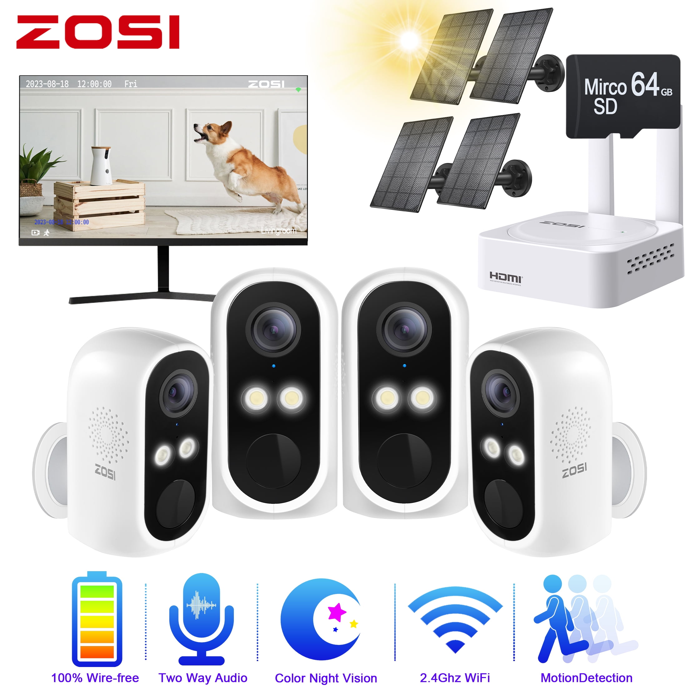 ZOSI Battery 2K Wireless Security Camera System with Solar Panel, 100