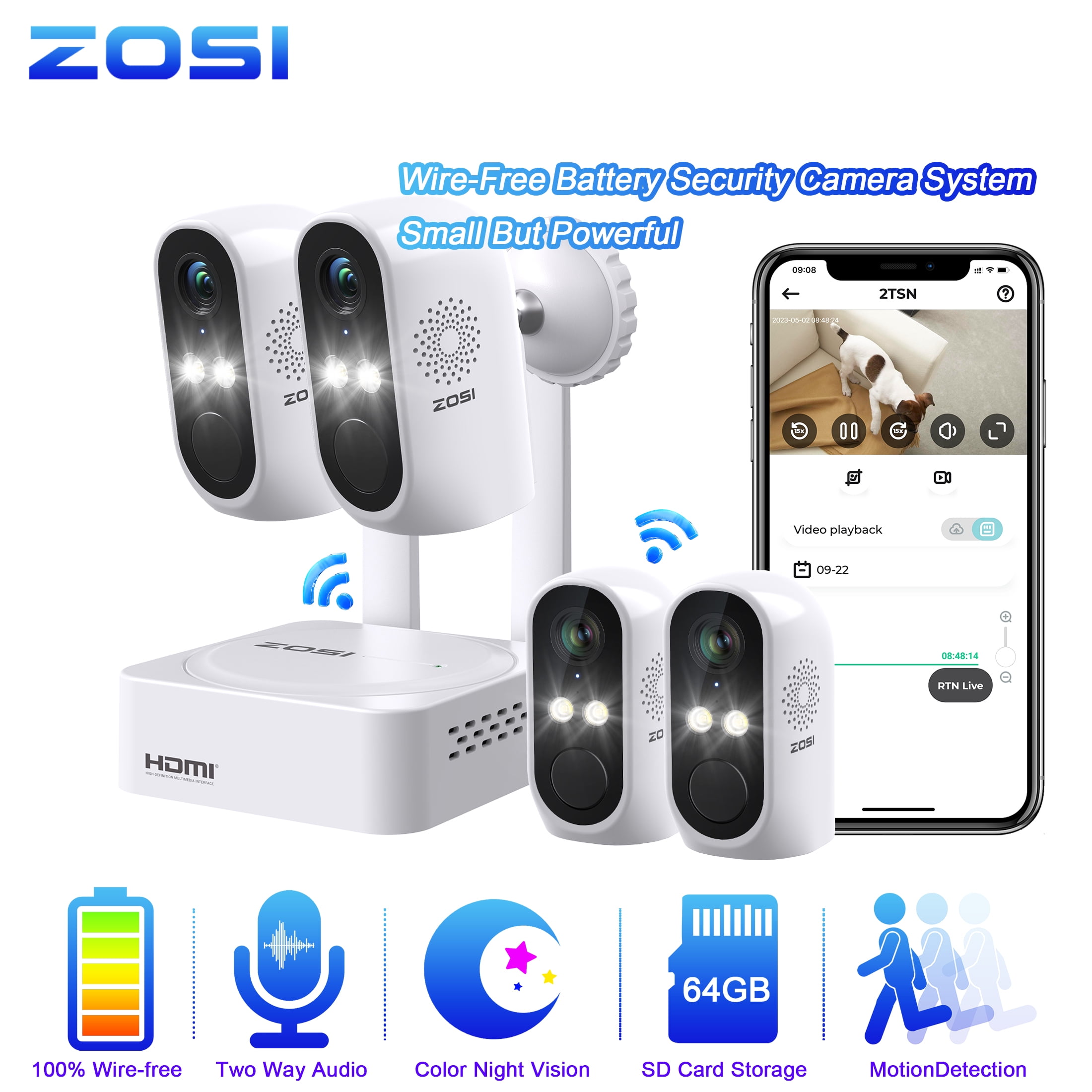 ZOSI Battery Wireless WiFi Security Camera System, 2K 8CH Powered