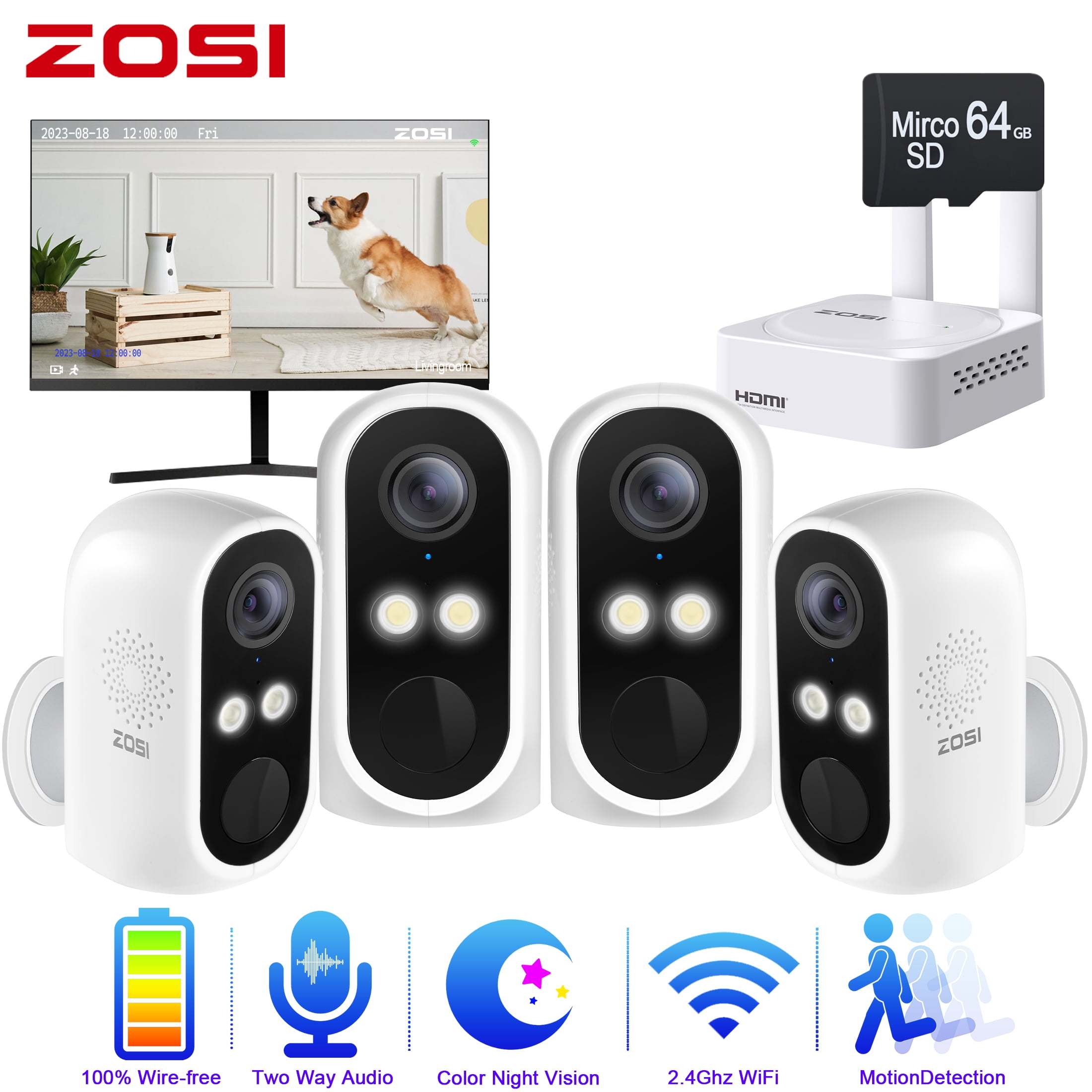 ZOSI Battery Wireless WiFi Security Camera System for Pet, 2K 8CH Powered Outdoor Indoor