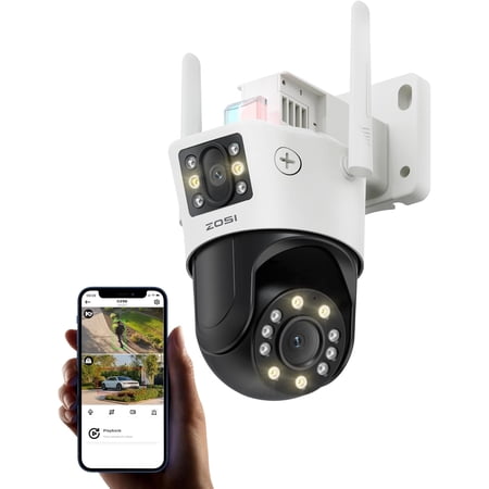 ZOSI C298 Max 4K 8MP Dual-Lens(2x4MP) Wired WiFi PTZ Plug-in Security Camera Outdoor, Wide Angle, 2.4GHz 360 Camera, 8X Hybrid Zoom, Person/Vehicle Detect, Color Night Vision, Spotlight Siren